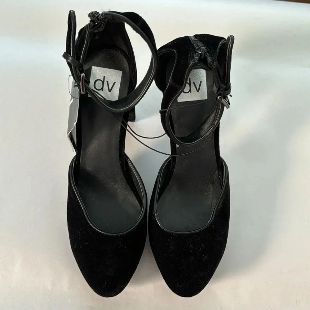 DV Dolce Vita Suede Ankle Strap Blocked platform black Heels Pumps size 9 1/2